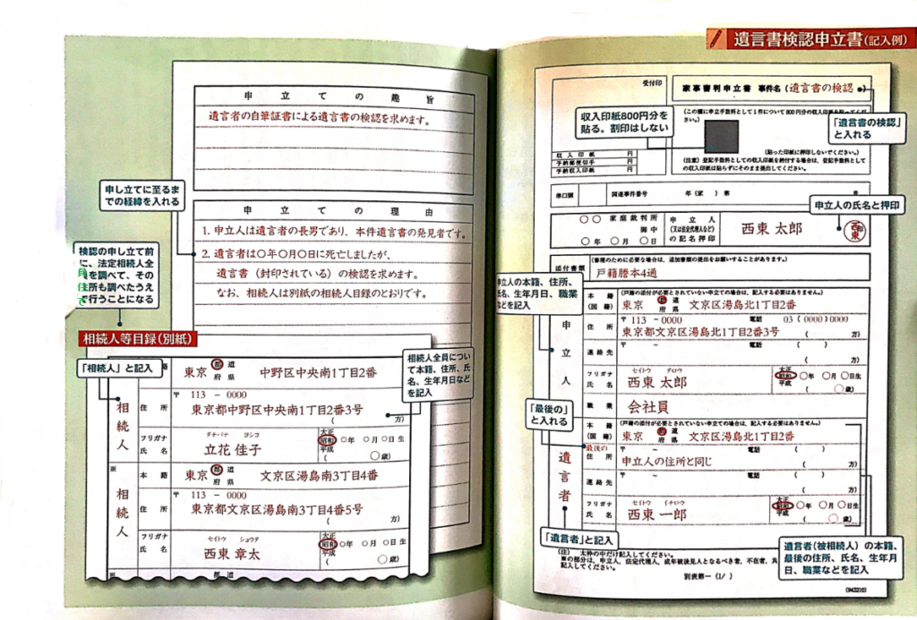 遺言書検認申立書　見本　記入例